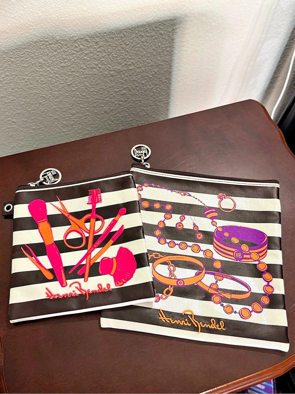 Henri Bendel Brown White Stripe Makeup Bag Set
